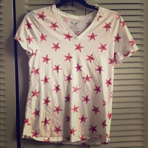 Red and white v-neck shirt